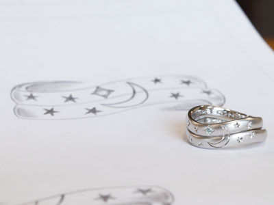 浜松　プラチナ【オーダーメイド結婚指輪】月と星がキラキラ輝く合わせ彫り／デザイン画
