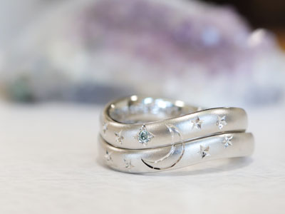 浜松　プラチナ【オーダーメイド結婚指輪】月と星がキラキラ輝く合わせ彫り