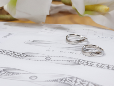 【オーダーメイド結婚指輪】マット加工で上品に、手彫りワスレナグサで個性的に／デザイン画