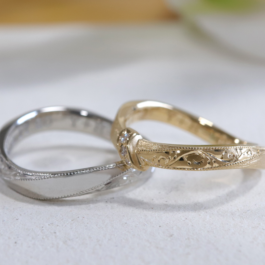 浜松結婚指輪・鍛造　面ごとにテクスチャーを変えて個性豊かに