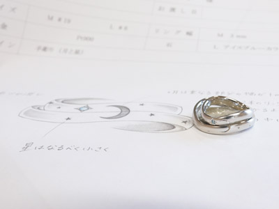 浜松　プラチナ【オーダーメイド結婚指輪】月と星とブルーダイヤ／デザイン画