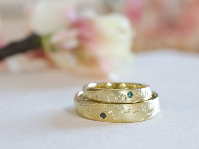 浜松　ゴールド【オーダーメイド結婚指輪】桜舞うグリーンゴールドのリング