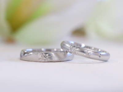浜松　プラチナ結婚指輪・鍛造　キラリと光る太陽と雪の結晶