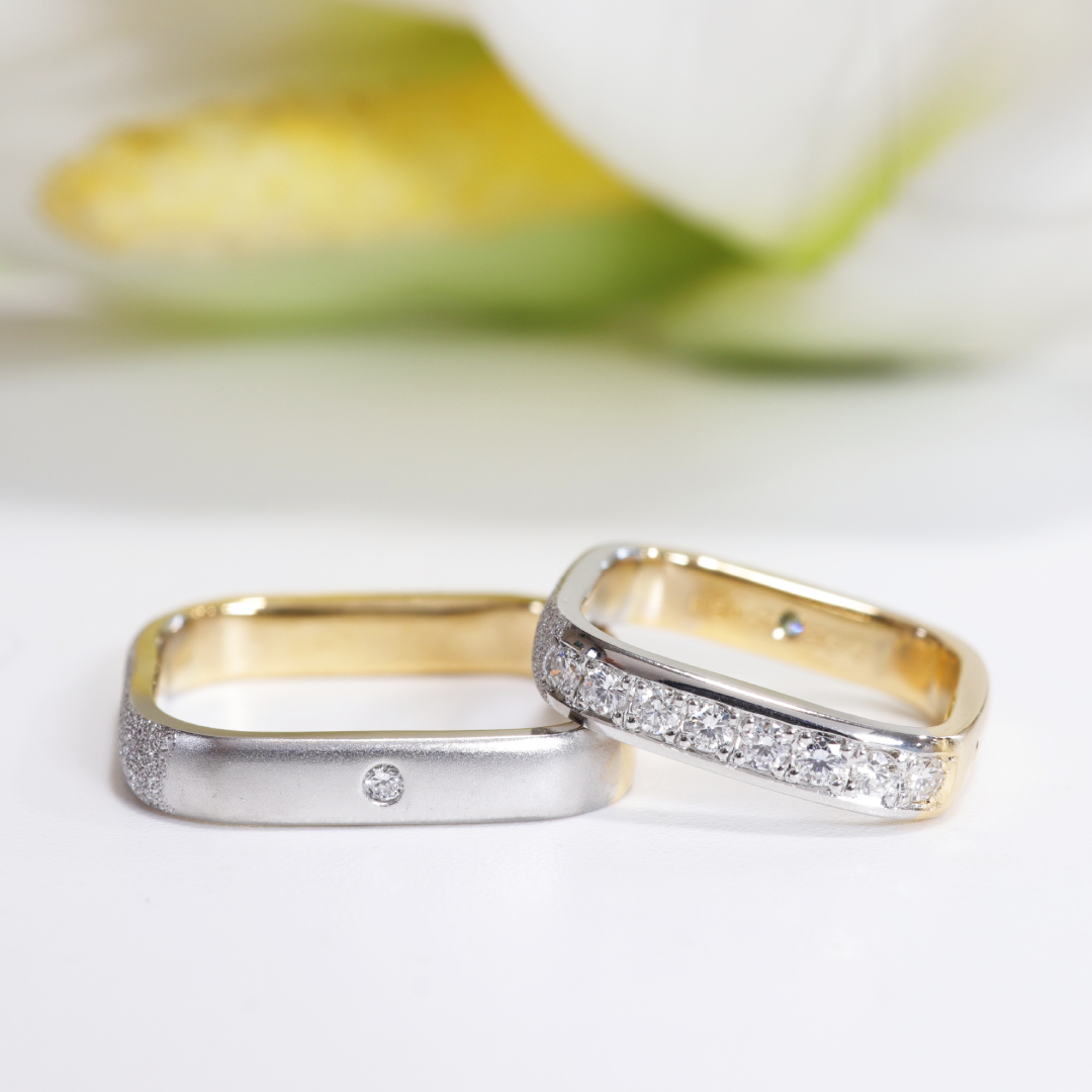 【手作り結婚指輪】四面違うデザインの四角い指輪