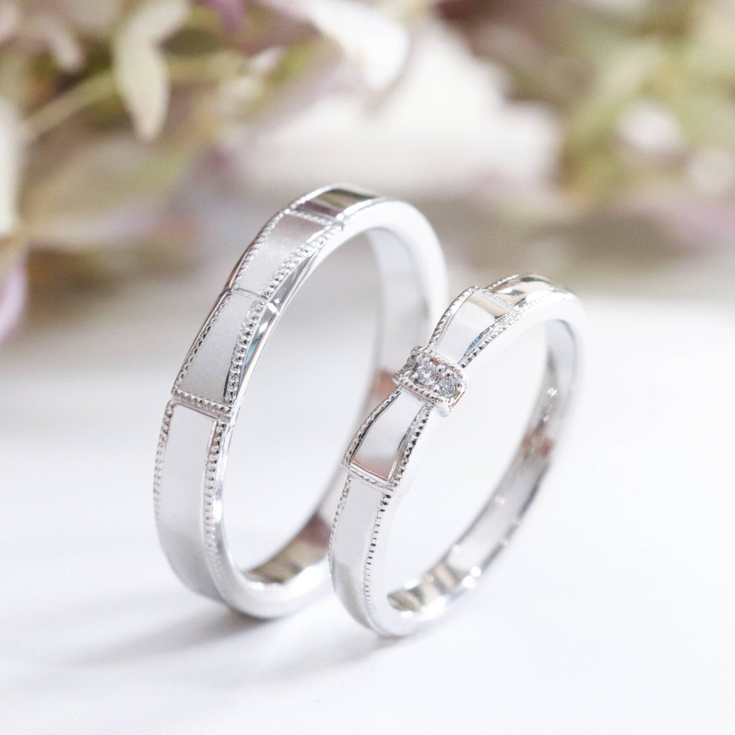 浜松　結婚指輪　リボンデザイン　ミル打ちでペア感アップ