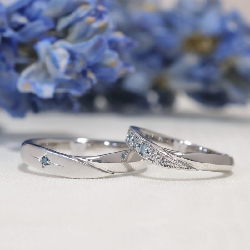 オーダーメイド結婚指輪/お揃いのブルーのカラーダイヤ