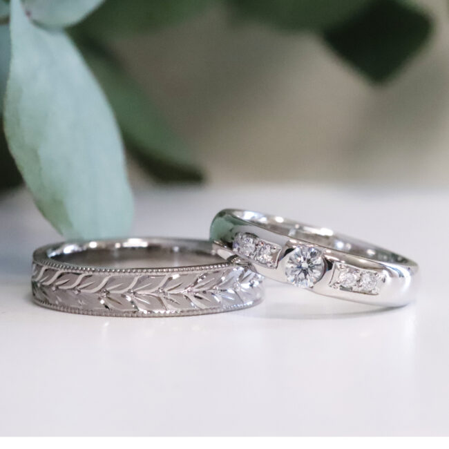 手作り結婚指輪／手彫りオリーブと大粒ダイヤ