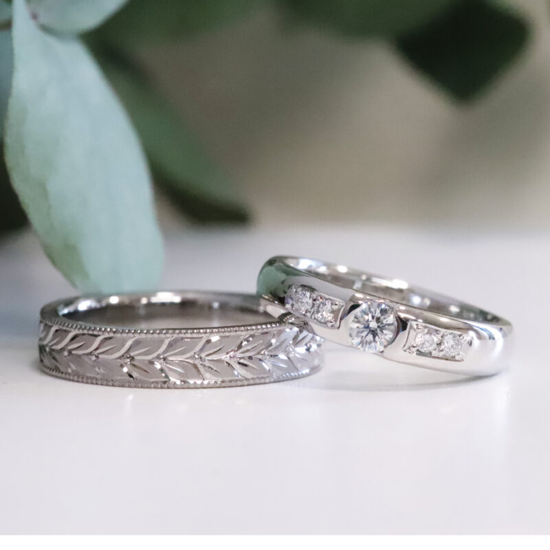 手作り結婚指輪／手彫りオリーブと大粒ダイヤ