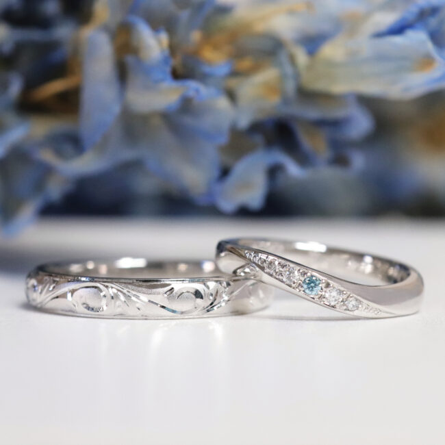 浜松　オーダーメイド結婚指輪／唐草彫りとブルーダイヤ